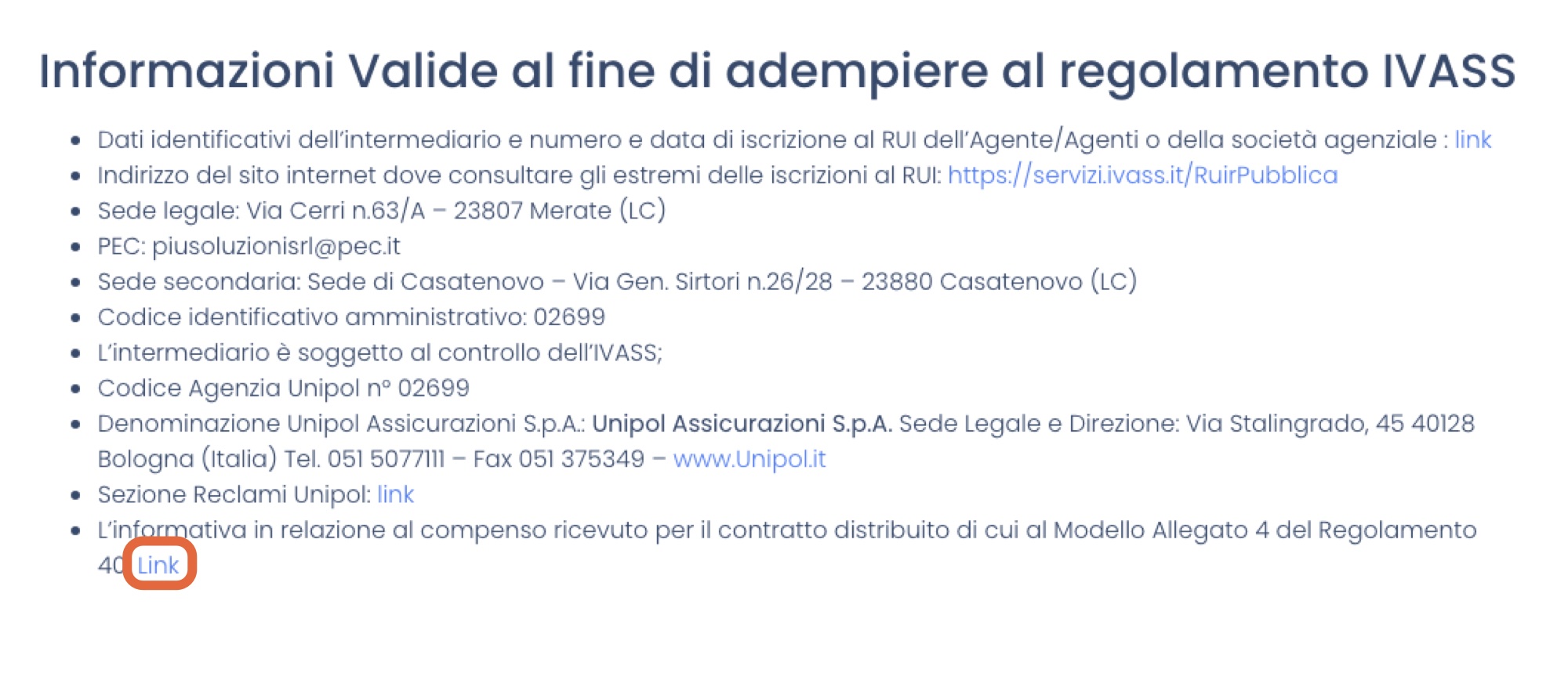 La pagina Regole IVASS, con il link al documento sui compensi evidenziato
