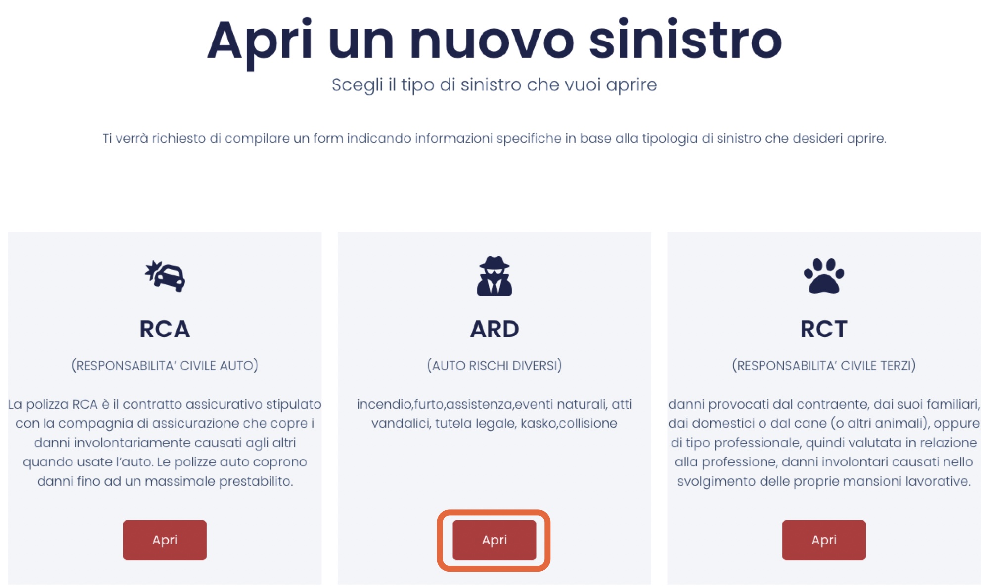 La pagina di apertura sinistro del sito, con il tasto Apri della voce ARD evidenziato