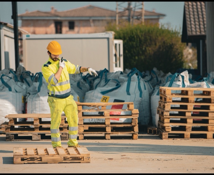 Un operatore dà indicazioni tra i pallet
