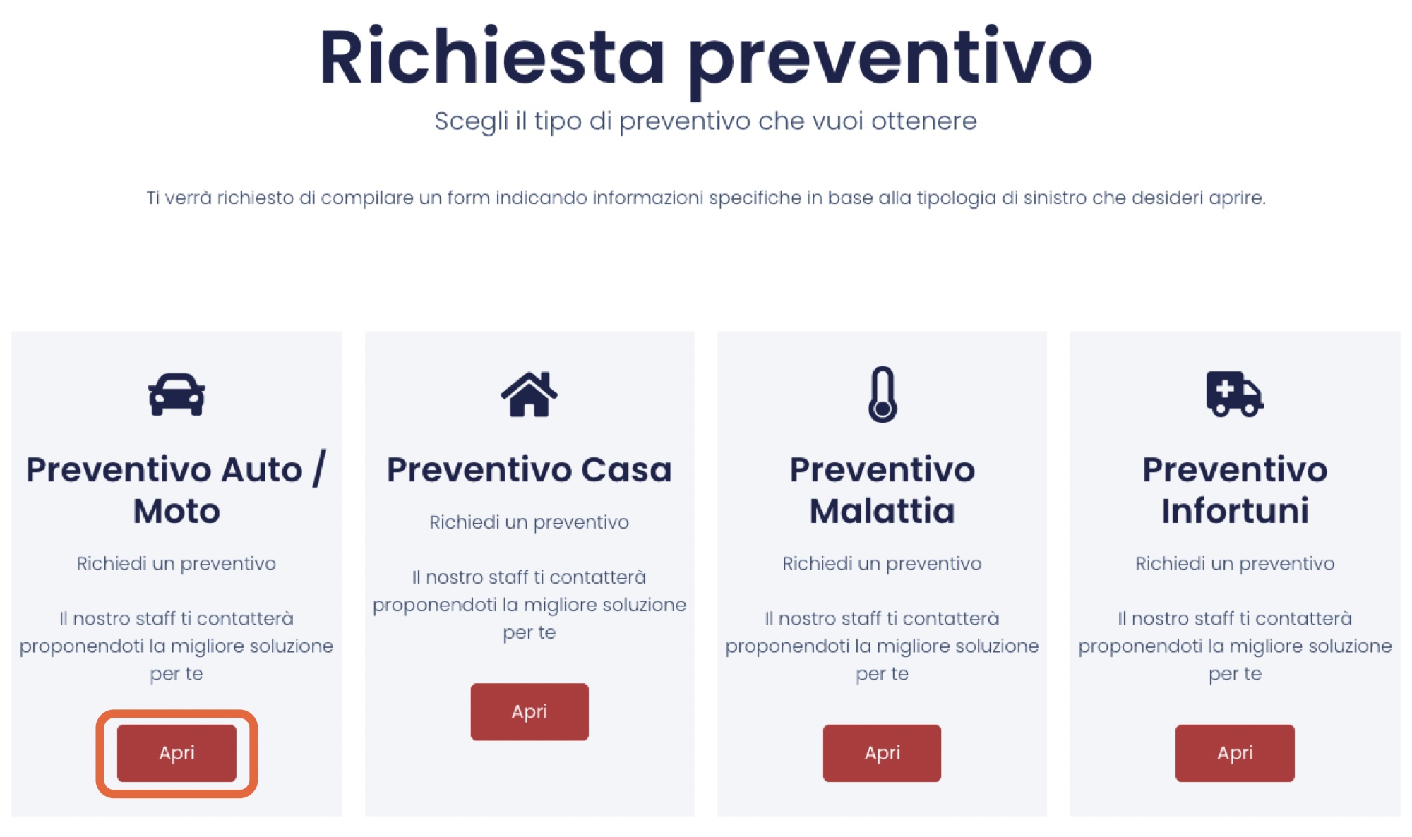 La pagina dei preventivi, con il tasto Apri del preventivo Auto e Moto evidenziato