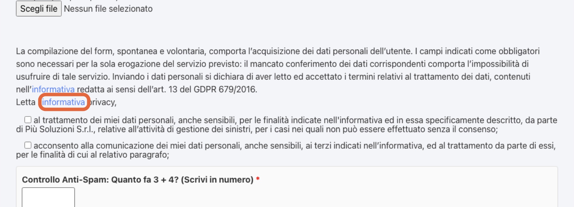 Il modulo di denuncia sinistro, con il link all’informativa privacy evidenziato